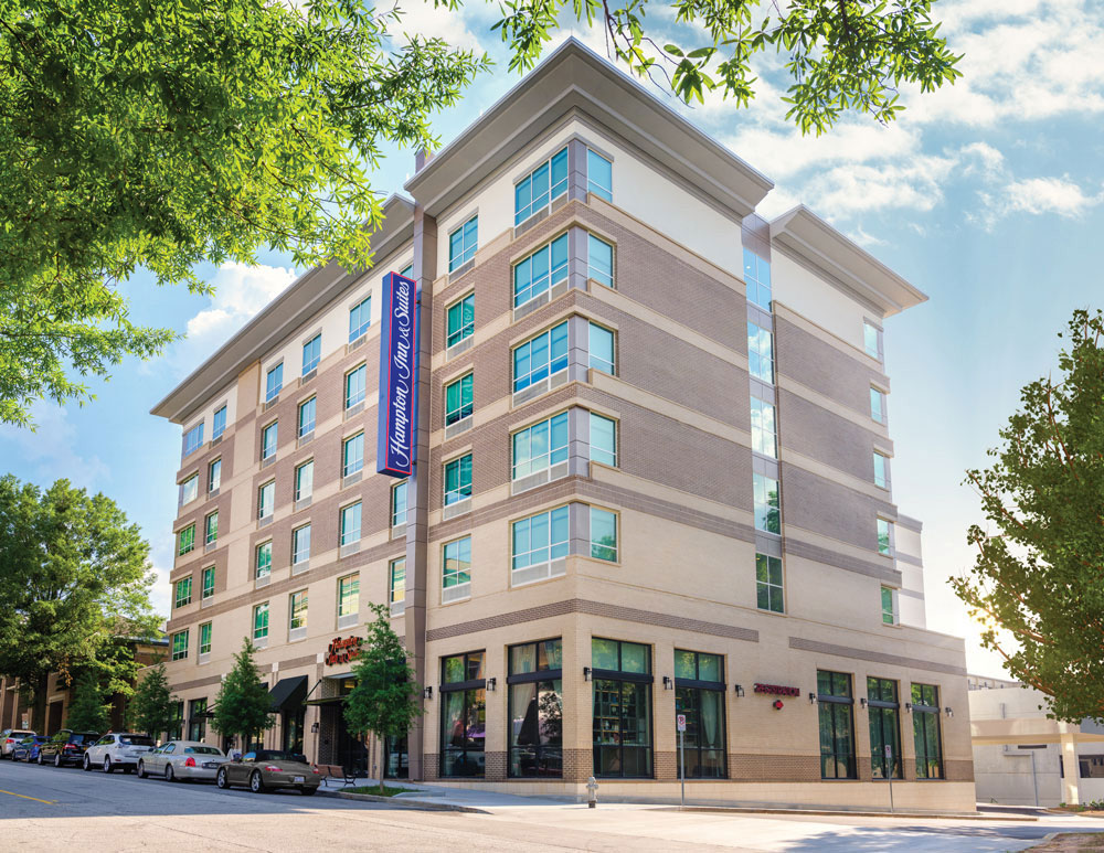 Exterior of the Hampton Inn & Suites hotel in downtown Decatur.